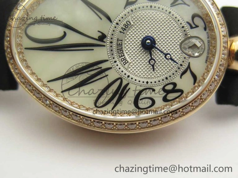 Reine de Naples 8918BB RG ZF 1:1 Best Edition White MOP Dial Diamonds Bezel on Black Fabric Strap A537