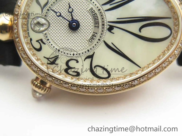 Reine de Naples 8918BB RG ZF 1:1 Best Edition White MOP Dial Diamonds Bezel on Black Fabric Strap A537