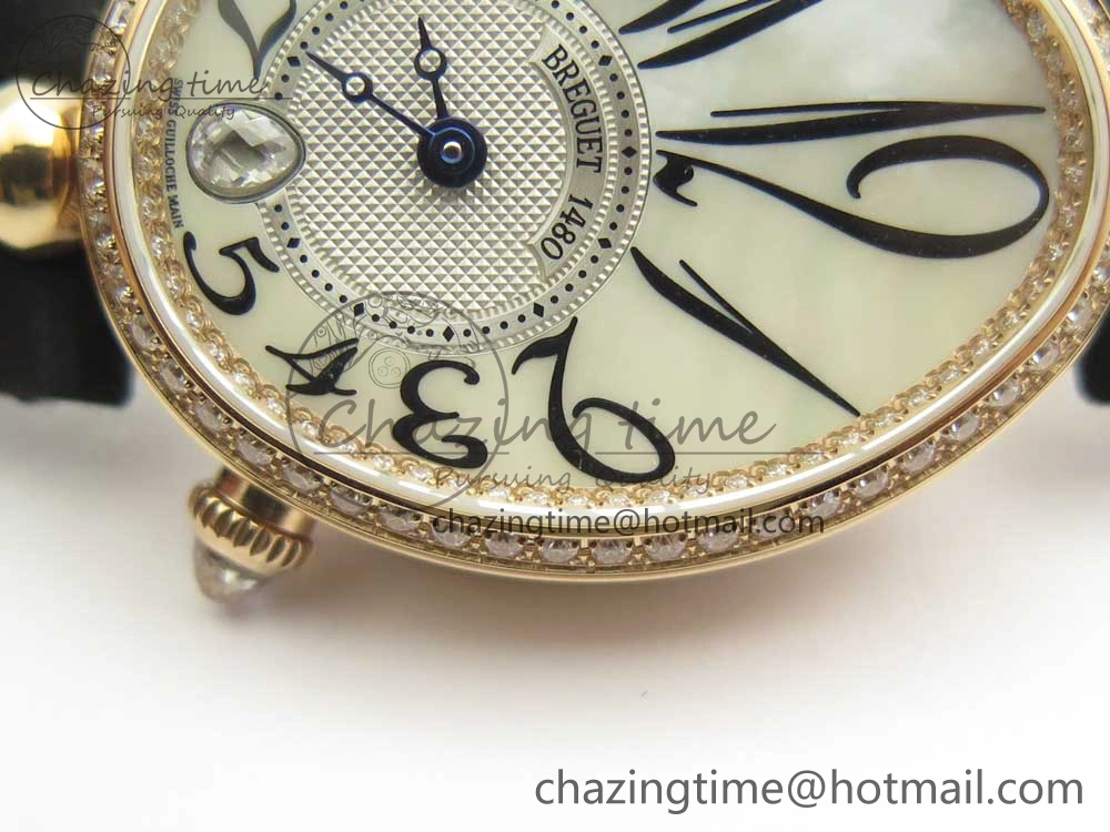 Reine de Naples 8918BB RG ZF 1:1 Best Edition White MOP Dial Diamonds Bezel on Black Fabric Strap A537