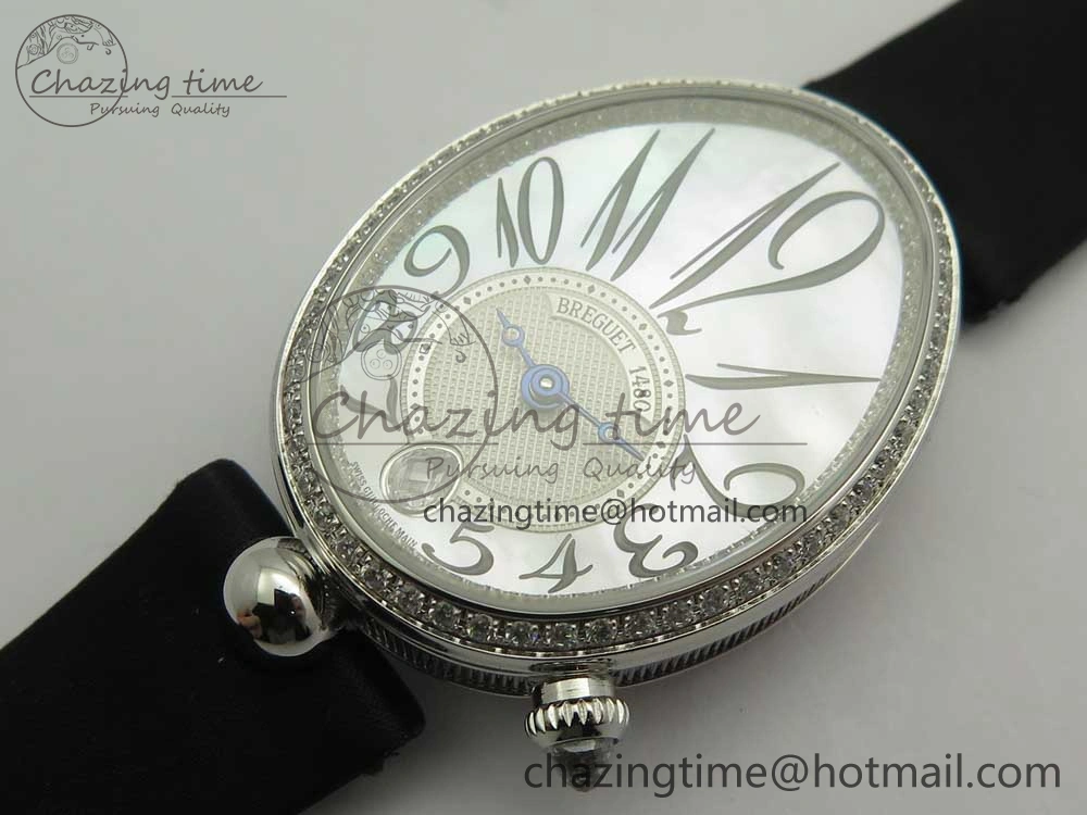 Reine de Naples 8918BB SS ZF 1:1 Best Edition White MOP Dial Diamonds Bezel on Black Fabric Strap A537