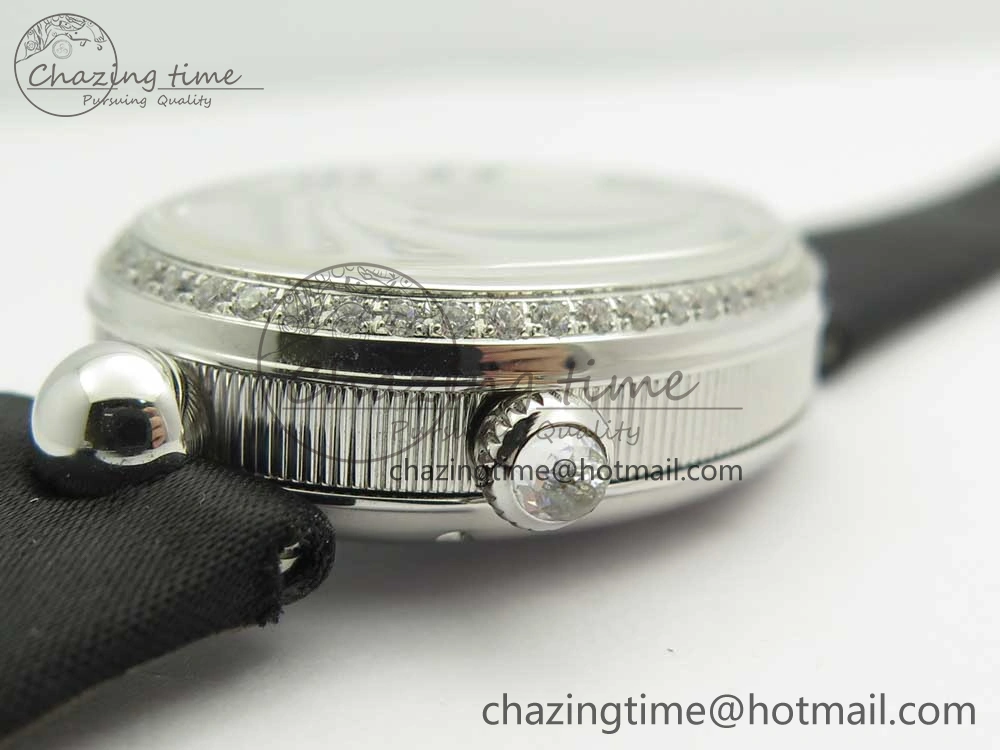 Reine de Naples 8918BB SS ZF 1:1 Best Edition White MOP Dial Diamonds Bezel on Black Fabric Strap A537