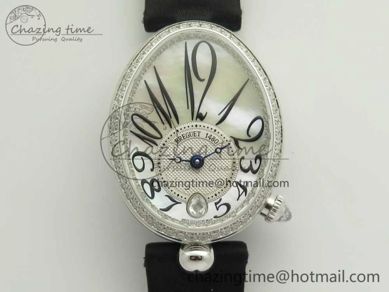 Reine de Naples 8918BB SS ZF 1:1 Best Edition White MOP Dial Diamonds Bezel on Black Fabric Strap A537