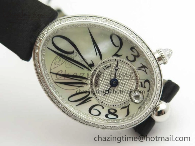 Reine de Naples 8918BB SS ZF 1:1 Best Edition White MOP Dial Diamonds Bezel on Black Fabric Strap A537