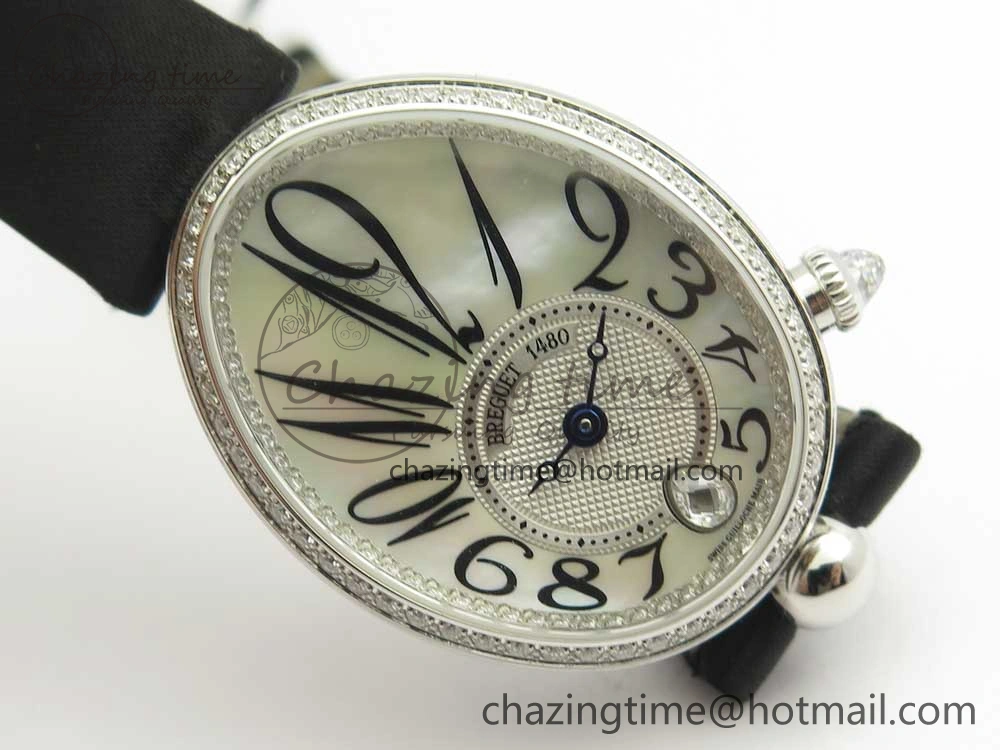 Reine de Naples 8918BB SS ZF 1:1 Best Edition White MOP Dial Diamonds Bezel on Black Fabric Strap A537