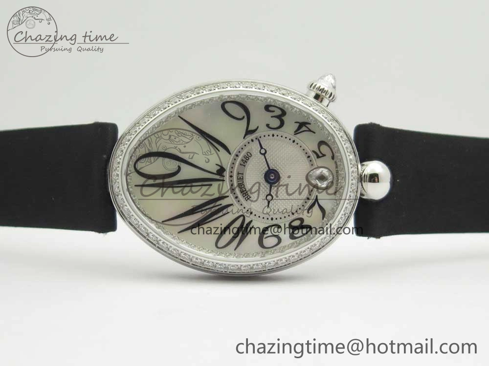 Reine de Naples 8918BB SS ZF 1:1 Best Edition White MOP Dial Diamonds Bezel on Black Fabric Strap A537