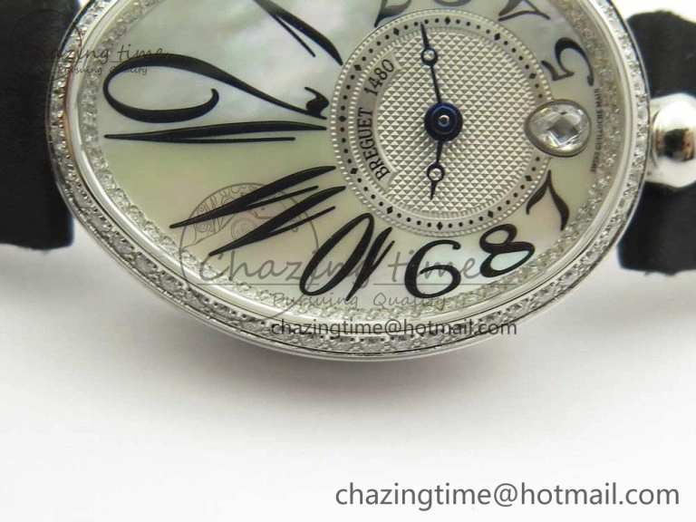 Reine de Naples 8918BB SS ZF 1:1 Best Edition White MOP Dial Diamonds Bezel on Black Fabric Strap A537