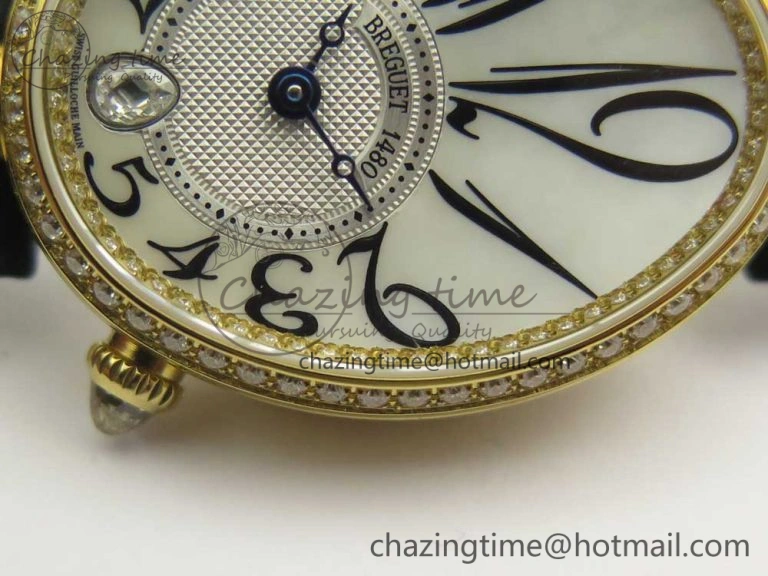 Reine de Naples 8918BB YG ZF 1:1 Best Edition White MOP Dial Diamonds Bezel on Black Fabric Strap A537