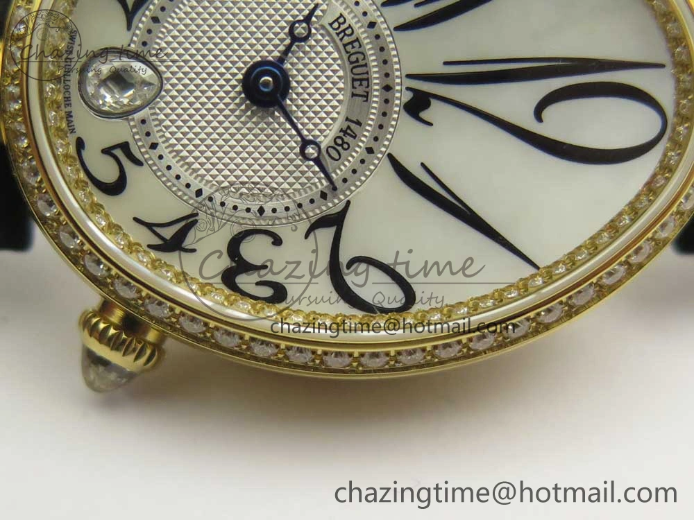Reine de Naples 8918BB YG ZF 1:1 Best Edition White MOP Dial Diamonds Bezel on Black Fabric Strap A537