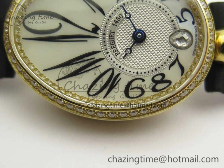 Reine de Naples 8918BB YG ZF 1:1 Best Edition White MOP Dial Diamonds Bezel on Black Fabric Strap A537