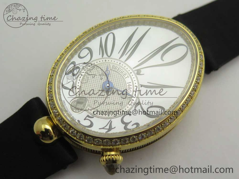 Reine de Naples 8918BB YG ZF 1:1 Best Edition White MOP Dial Diamonds Bezel on Black Fabric Strap A537