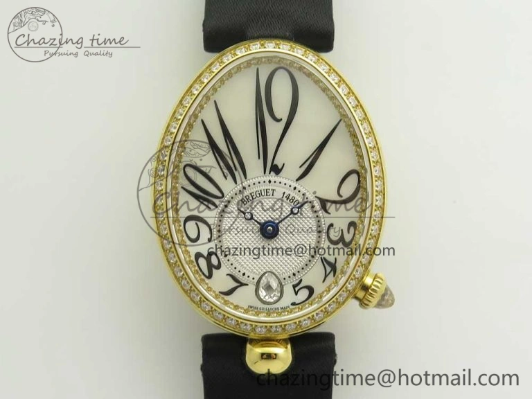 Reine de Naples 8918BB YG ZF 1:1 Best Edition White MOP Dial Diamonds Bezel on Black Fabric Strap A537