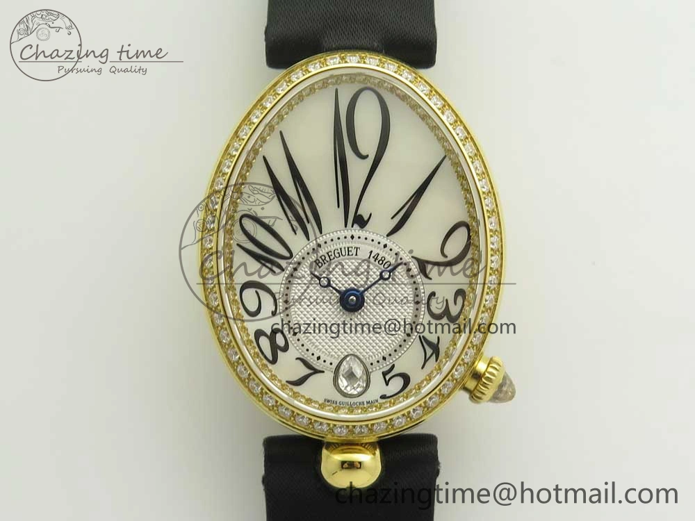 Reine de Naples 8918BB YG ZF 1:1 Best Edition White MOP Dial Diamonds Bezel on Black Fabric Strap A537