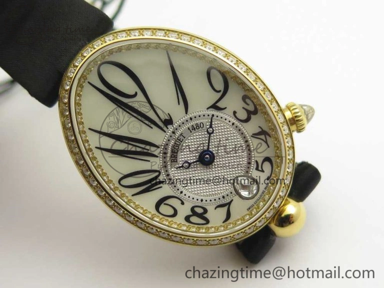Reine de Naples 8918BB YG ZF 1:1 Best Edition White MOP Dial Diamonds Bezel on Black Fabric Strap A537