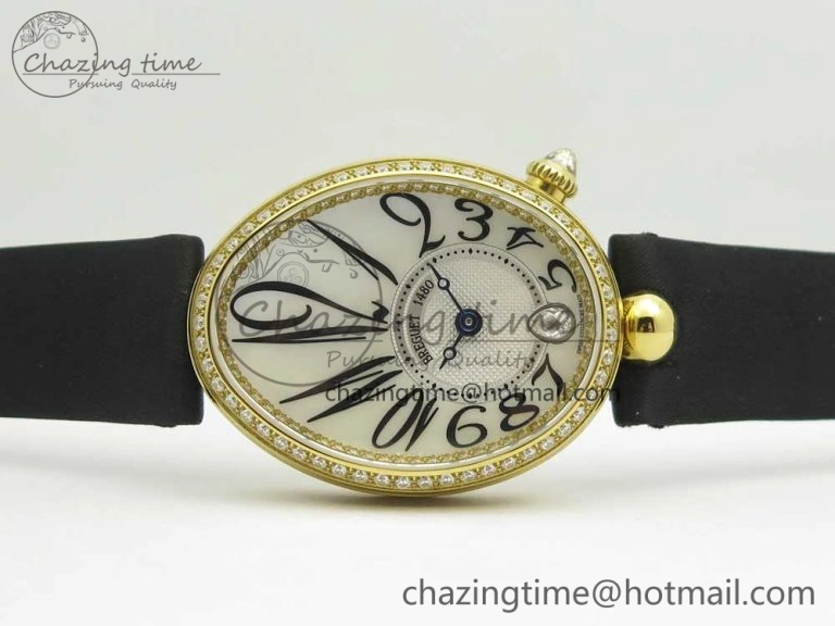 Reine de Naples 8918BB YG ZF 1:1 Best Edition White MOP Dial Diamonds Bezel on Black Fabric Strap A537