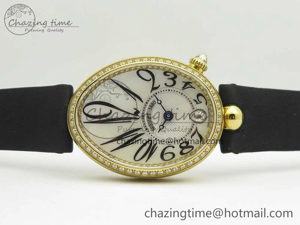 Reine de Naples 8918BB YG ZF 1:1 Best Edition White MOP Dial Diamonds Bezel on Black Fabric Strap A537