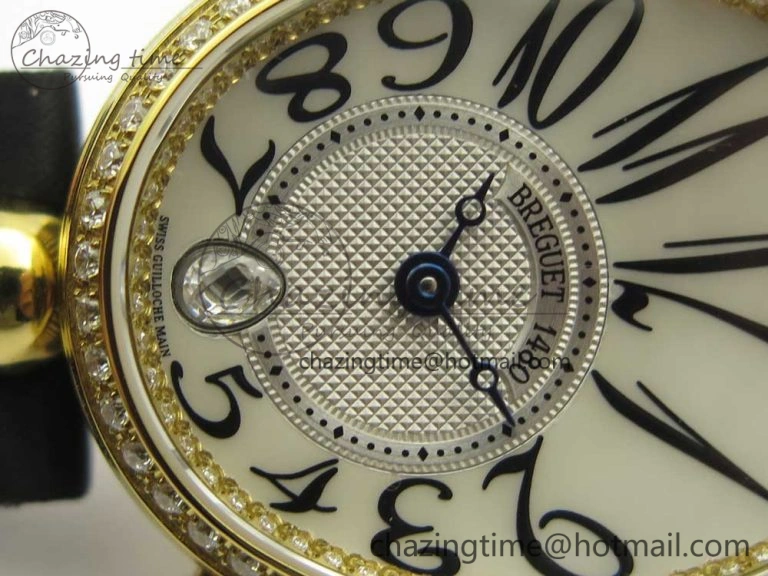 Reine de Naples 8918BB YG ZF 1:1 Best Edition White MOP Dial Diamonds Bezel on Black Fabric Strap A537
