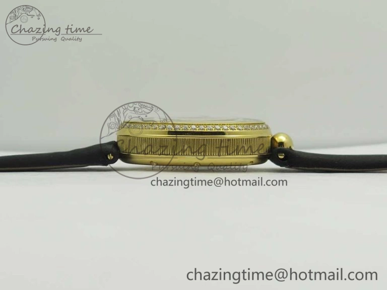 Reine de Naples 8918BB YG ZF 1:1 Best Edition White MOP Dial Diamonds Bezel on Black Fabric Strap A537