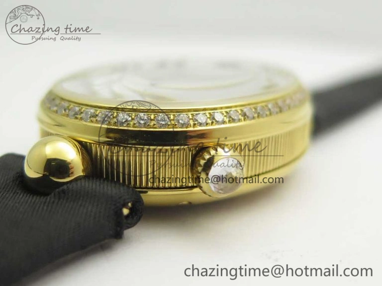 Reine de Naples 8918BB YG ZF 1:1 Best Edition White MOP Dial Diamonds Bezel on Black Fabric Strap A537