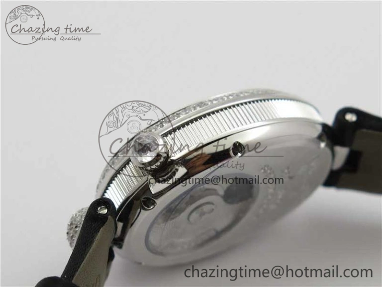 Reine de Naples 8928BB SS ZF 1:1 Best Edition White MOP Dial Diamonds Bezel on Black Fabric Strap A537