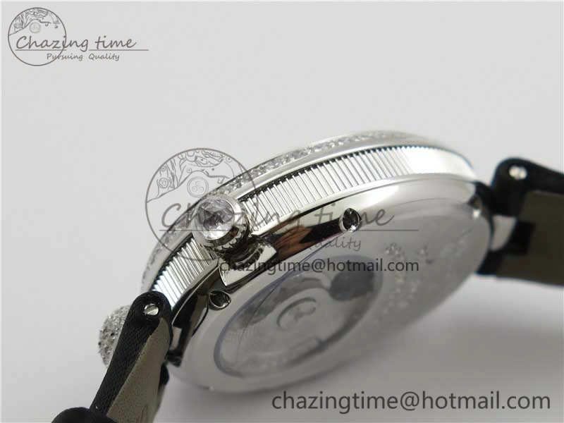 Reine de Naples 8928BB SS ZF 1:1 Best Edition White MOP Dial Diamonds Bezel on Black Fabric Strap A537