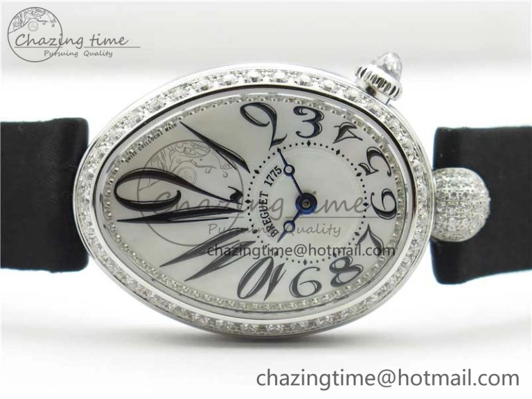 Reine de Naples 8928BB SS ZF 1:1 Best Edition White MOP Dial Diamonds Bezel on Black Fabric Strap A537