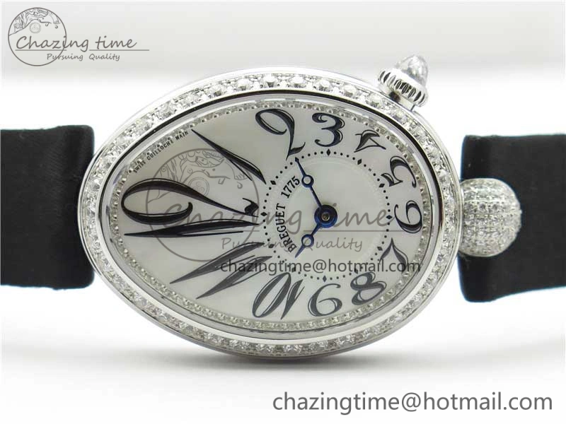 Reine de Naples 8928BB SS ZF 1:1 Best Edition White MOP Dial Diamonds Bezel on Black Fabric Strap A537