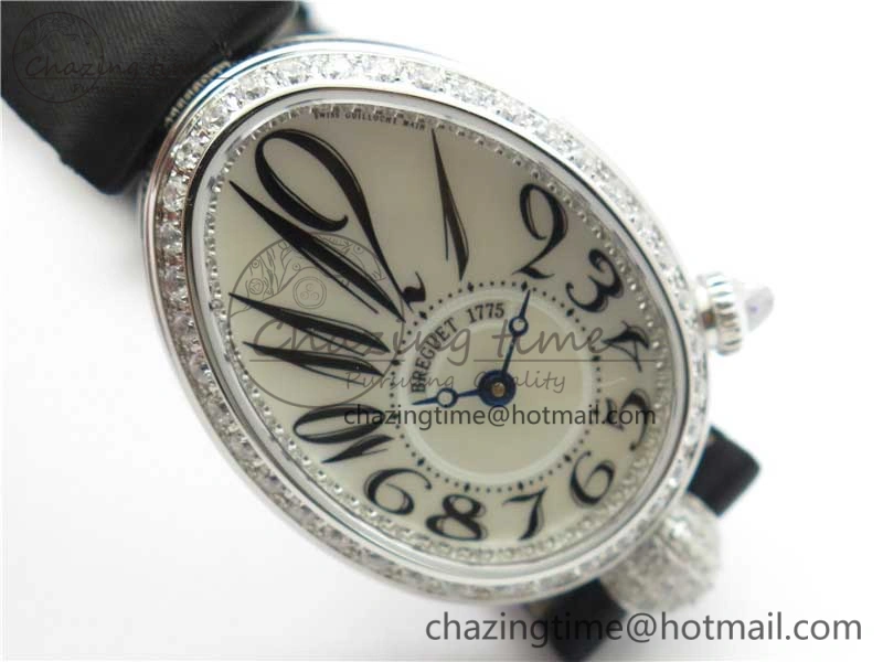 Reine de Naples 8928BB SS ZF 1:1 Best Edition White MOP Dial Diamonds Bezel on Black Fabric Strap A537