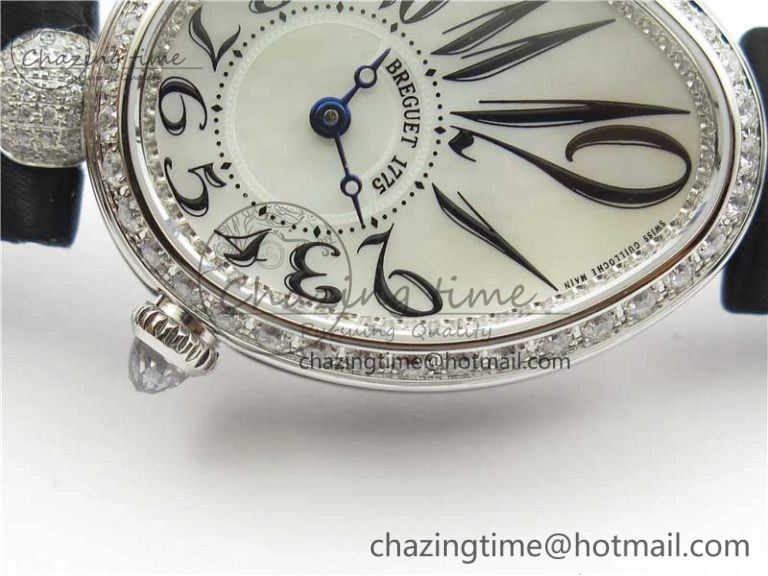 Reine de Naples 8928BB SS ZF 1:1 Best Edition White MOP Dial Diamonds Bezel on Black Fabric Strap A537