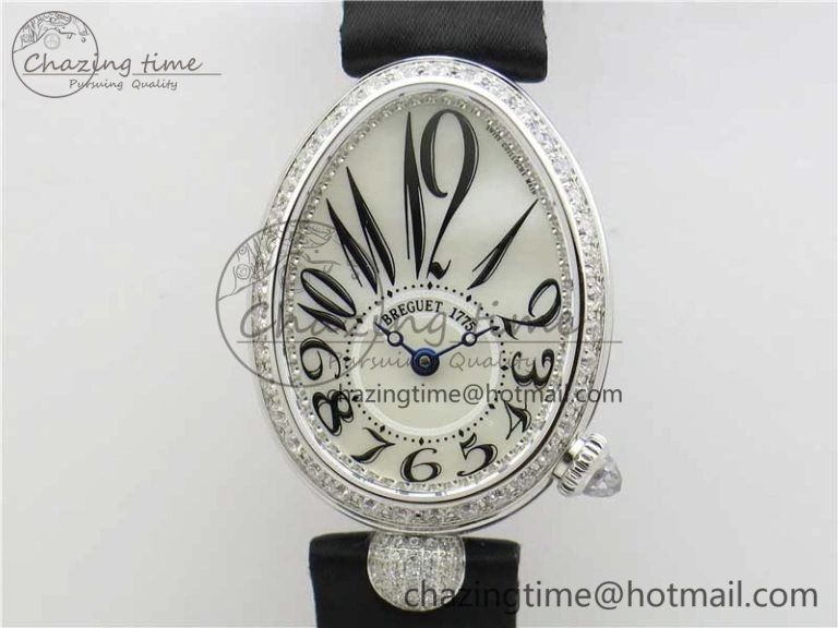 Reine de Naples 8928BB SS ZF 1:1 Best Edition White MOP Dial Diamonds Bezel on Black Fabric Strap A537