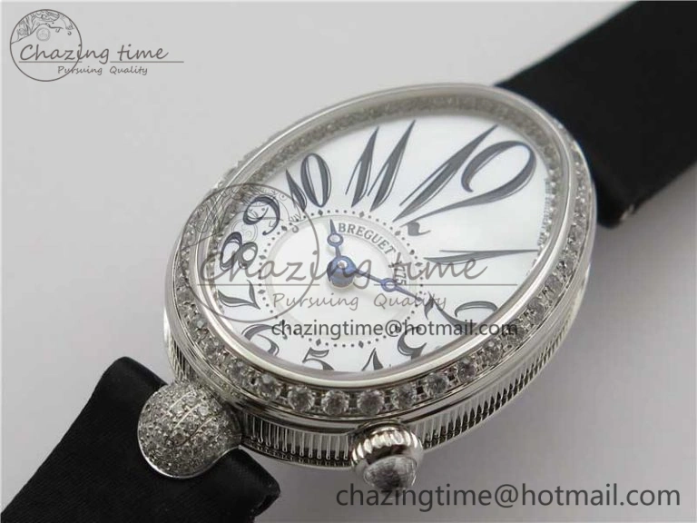 Reine de Naples 8928BB SS ZF 1:1 Best Edition White MOP Dial Diamonds Bezel on Black Fabric Strap A537