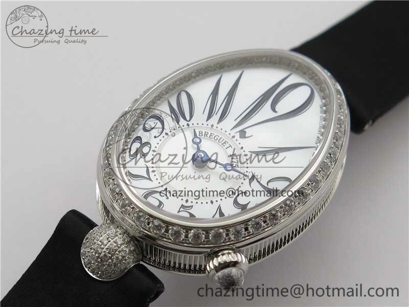 Reine de Naples 8928BB SS ZF 1:1 Best Edition White MOP Dial Diamonds Bezel on Black Fabric Strap A537
