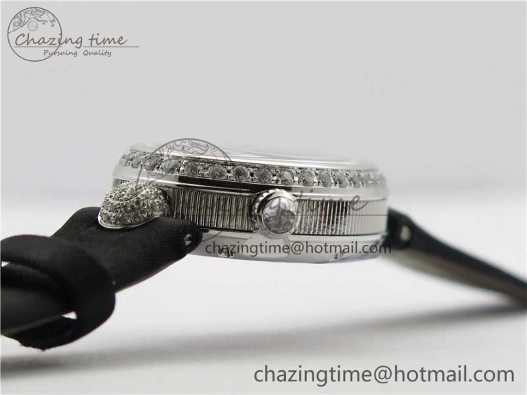 Reine de Naples 8928BB SS ZF 1:1 Best Edition White MOP Dial Diamonds Bezel on Black Fabric Strap A537