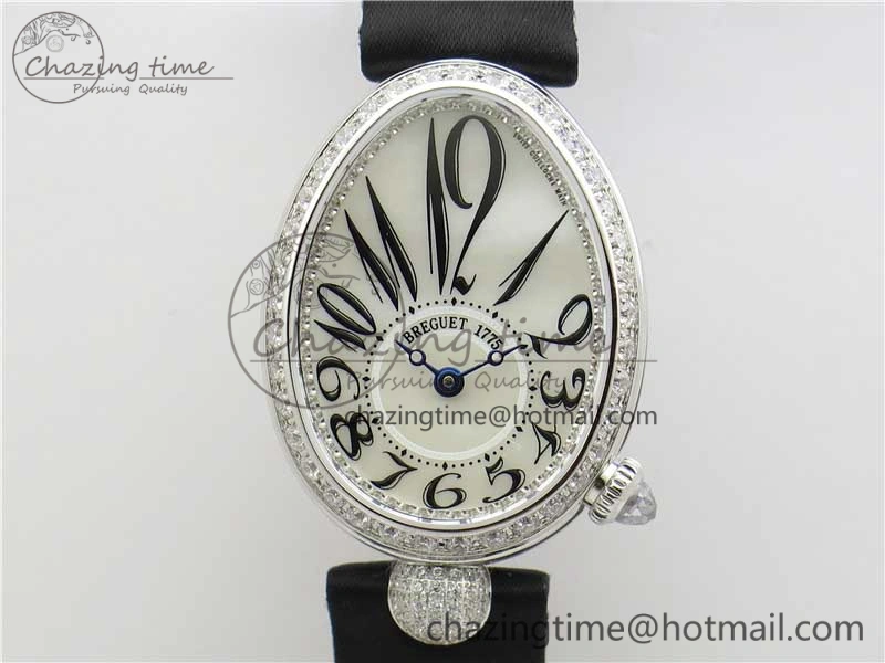 Reine de Naples 8928BB SS ZF 1:1 Best Edition White MOP Dial Diamonds Bezel on Black Fabric Strap A537