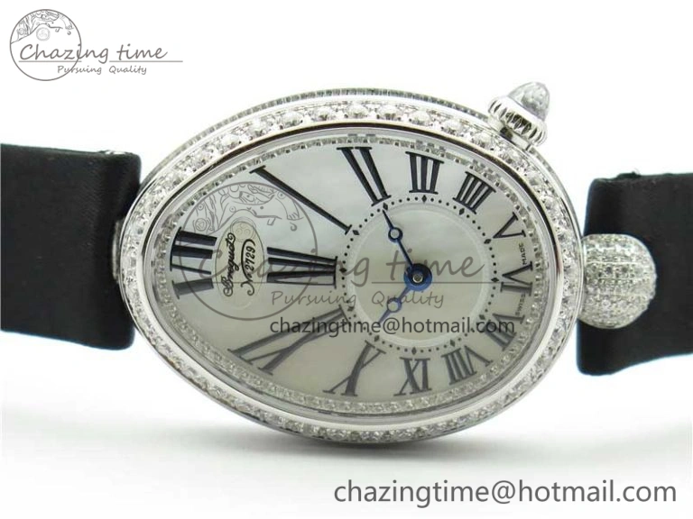 Reine de Naples 8928BB SS ZF 1:1 Best Edition White MOP Roman Dial Diamonds Bezel on Black Fabric Strap A537