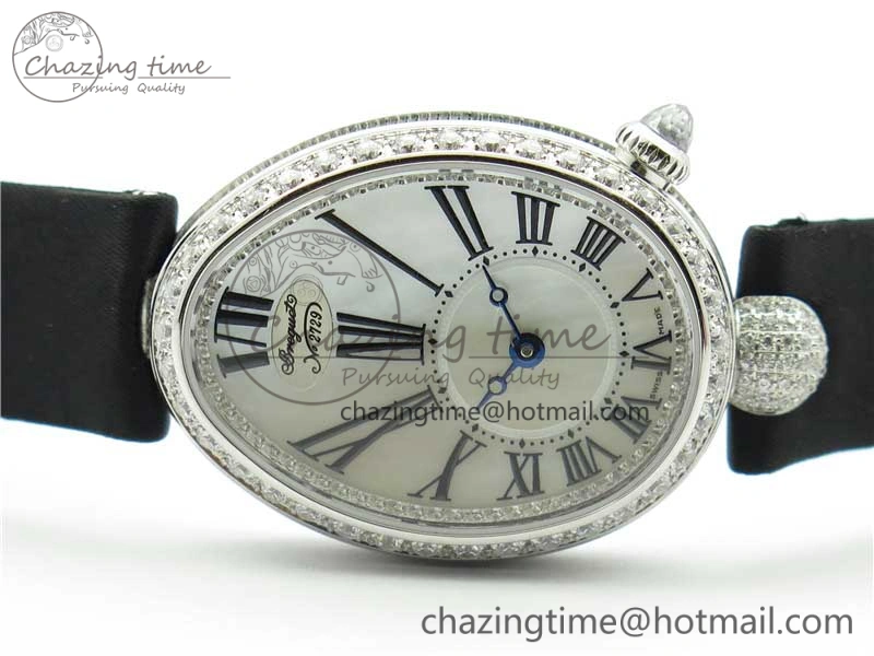 Reine de Naples 8928BB SS ZF 1:1 Best Edition White MOP Roman Dial Diamonds Bezel on Black Fabric Strap A537