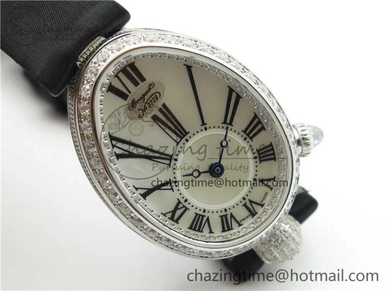 Reine de Naples 8928BB SS ZF 1:1 Best Edition White MOP Roman Dial Diamonds Bezel on Black Fabric Strap A537
