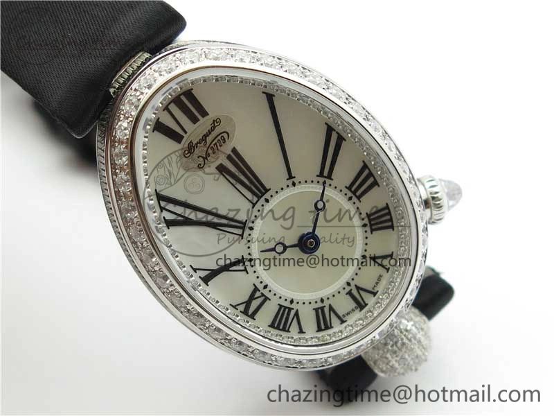 Reine de Naples 8928BB SS ZF 1:1 Best Edition White MOP Roman Dial Diamonds Bezel on Black Fabric Strap A537