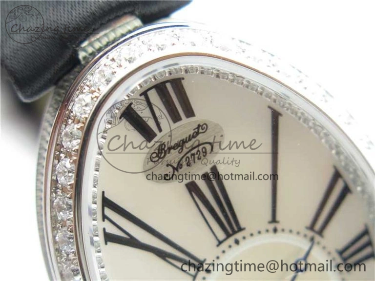Reine de Naples 8928BB SS ZF 1:1 Best Edition White MOP Roman Dial Diamonds Bezel on Black Fabric Strap A537