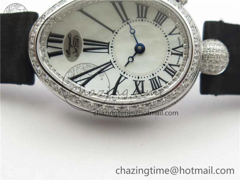 Reine de Naples 8928BB SS ZF 1:1 Best Edition White MOP Roman Dial Diamonds Bezel on Black Fabric Strap A537