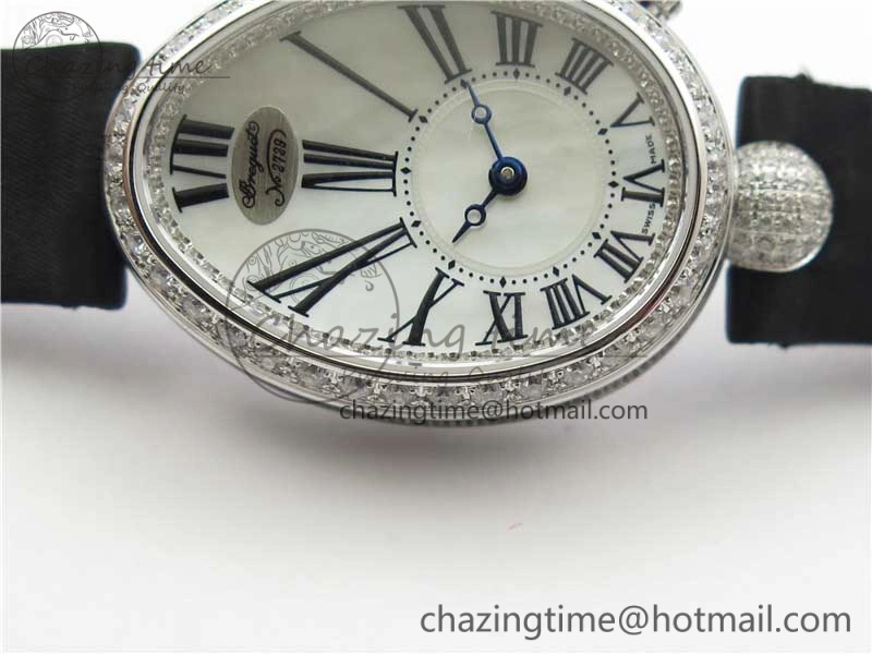 Reine de Naples 8928BB SS ZF 1:1 Best Edition White MOP Roman Dial Diamonds Bezel on Black Fabric Strap A537