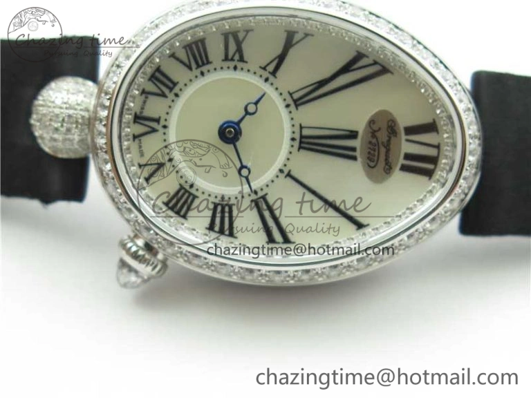 Reine de Naples 8928BB SS ZF 1:1 Best Edition White MOP Roman Dial Diamonds Bezel on Black Fabric Strap A537