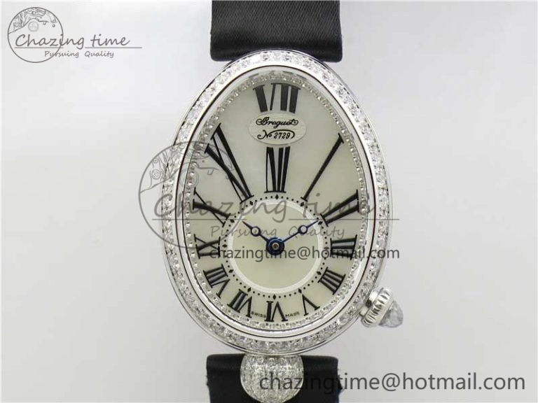 Reine de Naples 8928BB SS ZF 1:1 Best Edition White MOP Roman Dial Diamonds Bezel on Black Fabric Strap A537