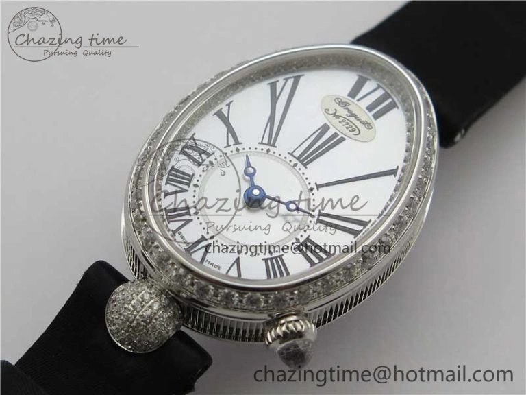 Reine de Naples 8928BB SS ZF 1:1 Best Edition White MOP Roman Dial Diamonds Bezel on Black Fabric Strap A537