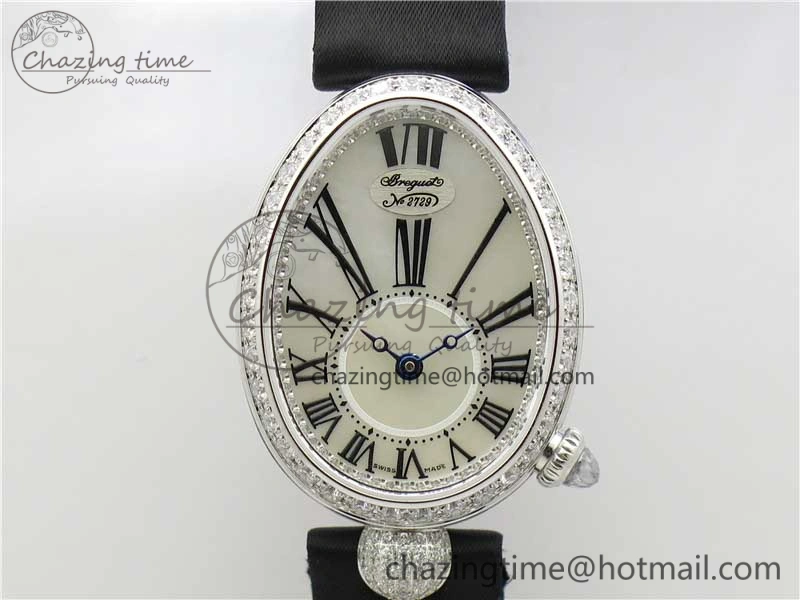 Reine de Naples 8928BB SS ZF 1:1 Best Edition White MOP Roman Dial Diamonds Bezel on Black Fabric Strap A537