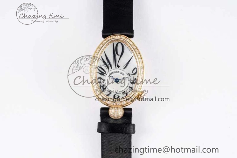Reine de Naples YG ZF 1:1 Best Edition White Arabic Dial Diamonds Bezel on Black Fabric Strap A537 V2