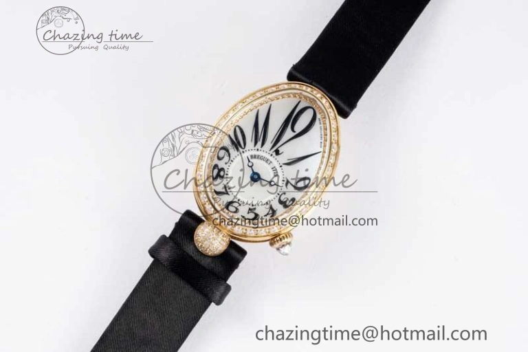 Reine de Naples YG ZF 1:1 Best Edition White Arabic Dial Diamonds Bezel on Black Fabric Strap A537 V2