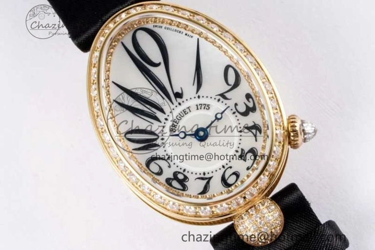 Reine de Naples YG ZF 1:1 Best Edition White Arabic Dial Diamonds Bezel on Black Fabric Strap A537 V2