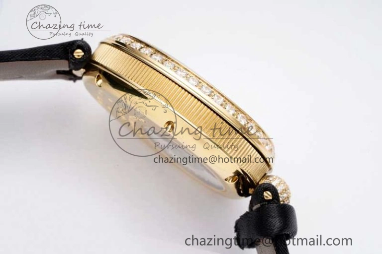 Reine de Naples YG ZF 1:1 Best Edition White Arabic Dial Diamonds Bezel on Black Fabric Strap A537 V2
