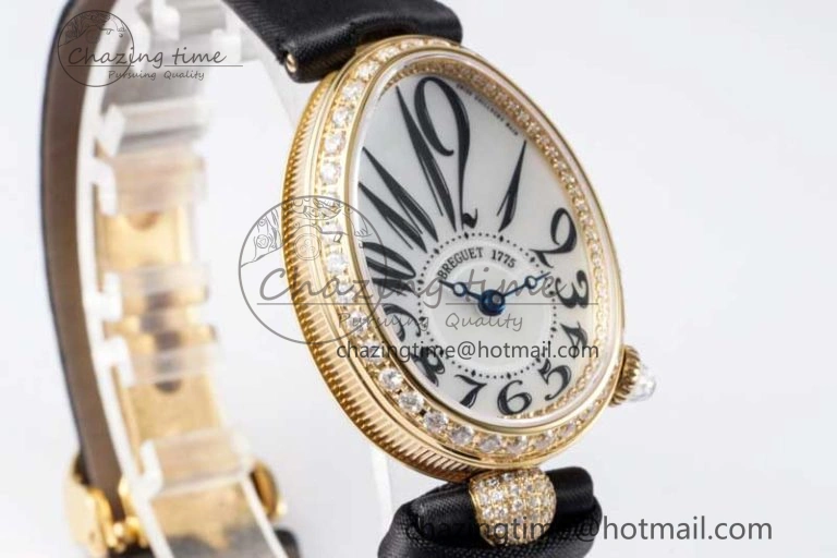 Reine de Naples YG ZF 1:1 Best Edition White Arabic Dial Diamonds Bezel on Black Fabric Strap A537 V2