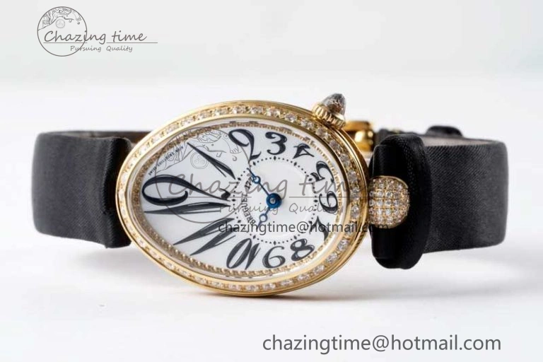 Reine de Naples YG ZF 1:1 Best Edition White Arabic Dial Diamonds Bezel on Black Fabric Strap A537 V2